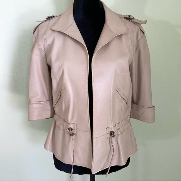 ZENOBIA Vintage Beige Soft Leather Drawstring Light Jacket Italy - Picture 1 of 8